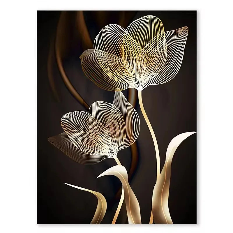 3pcs, Black and Golden Flower Wall Art Canvas Painting for Living Room Decor - Modern Abstract Design, No Frame Required 2DFlat