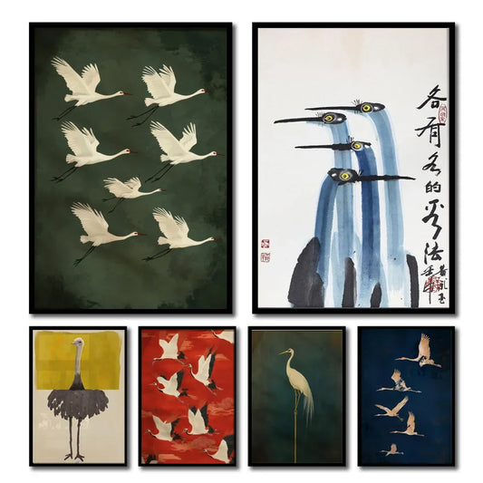 Vintage Japanese Flying Crane Canvas Print – Antique Bird Wall Art