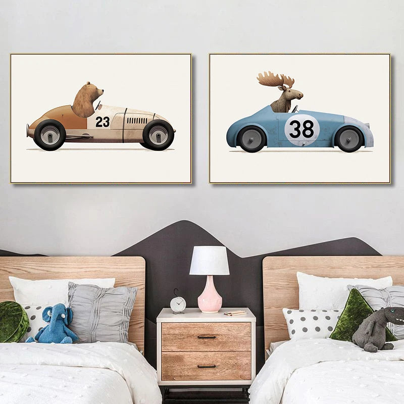 Funny Cartoon Animals Car Art Poster – Nursery Canvas Wall Print