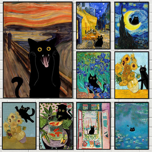 Funny Art Black Cat Canvas – Matisse, Monet, Van Gogh Parody Prints