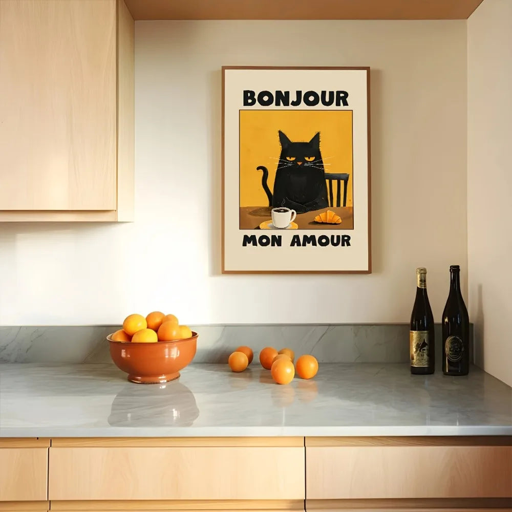 Black Cat "Bonjour" Retro Art Poster