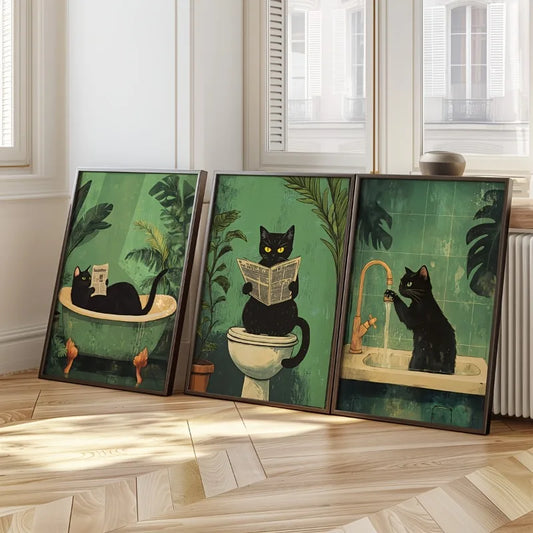 Set of 3 Funny Black Cat Bathroom Wall Art – Vintage Toilet Posters on Canvas