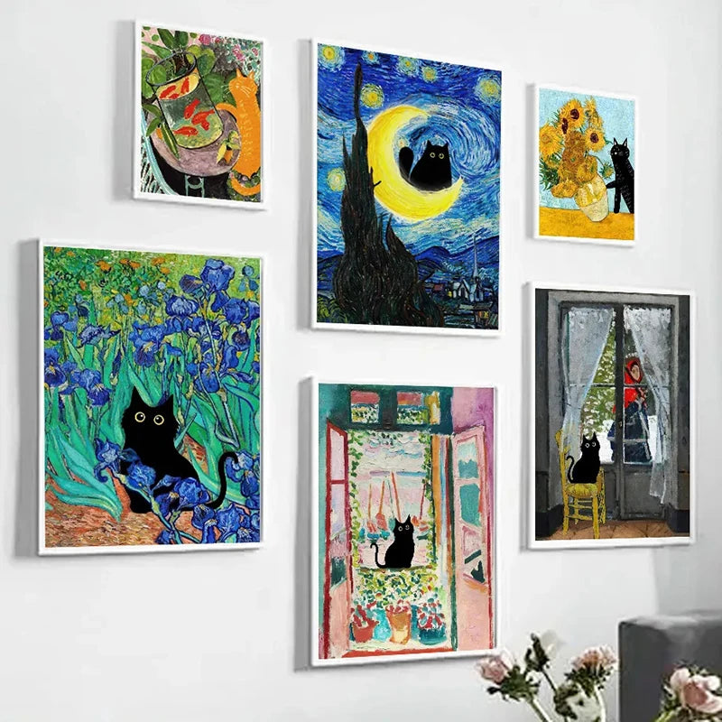 Funny Art Black Cat Canvas – Matisse, Monet, Van Gogh Parody Prints
