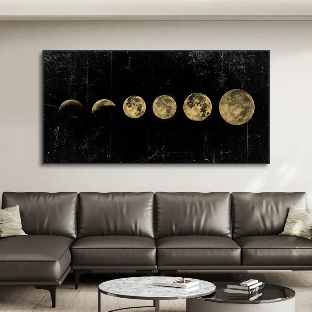 Moon Phase Gold & Black Aesthetic Canvas Print – Modern Wall Art
