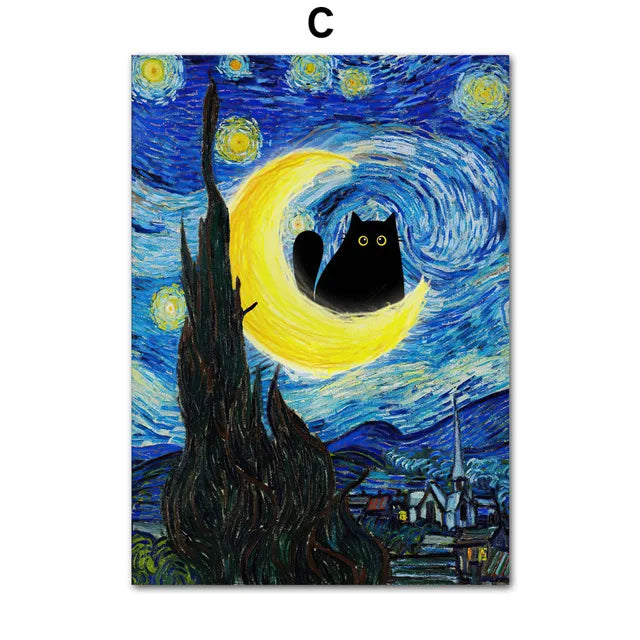 Funny Art Black Cat Canvas – Matisse, Monet, Van Gogh Parody Prints