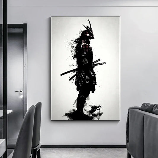 Vintage Japanese Samurai Canvas Poster – Black & White Warrior Wall Art