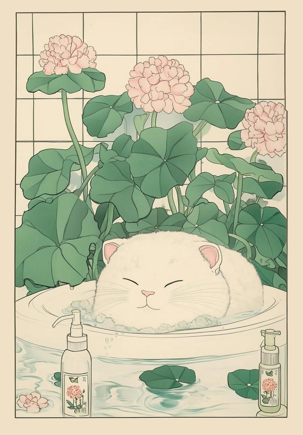 Japanese Tabby Cat in Bathtub Canvas Print – Japandi Bathroom Wall Art