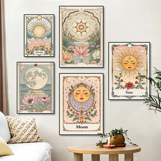 Sun, Moon & Floral Canvas Print – Bohemian Celestial Wall Art