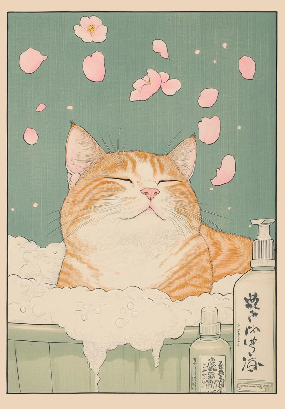 Japanese Tabby Cat in Bathtub Canvas Print – Japandi Bathroom Wall Art