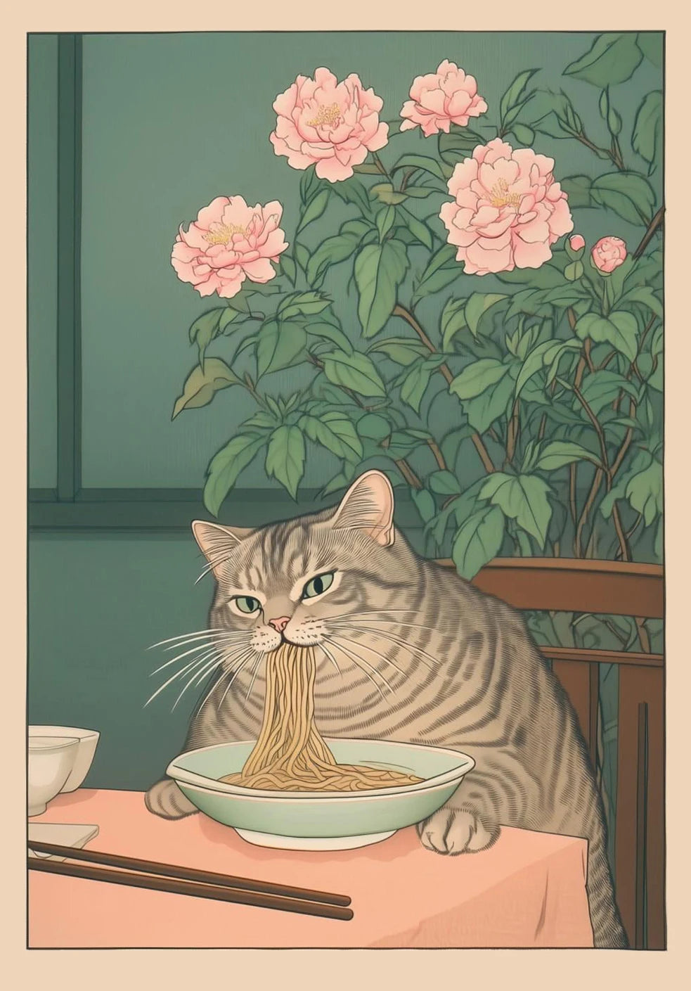 Japanese Tabby Cat in Bathtub Canvas Print – Japandi Bathroom Wall Art