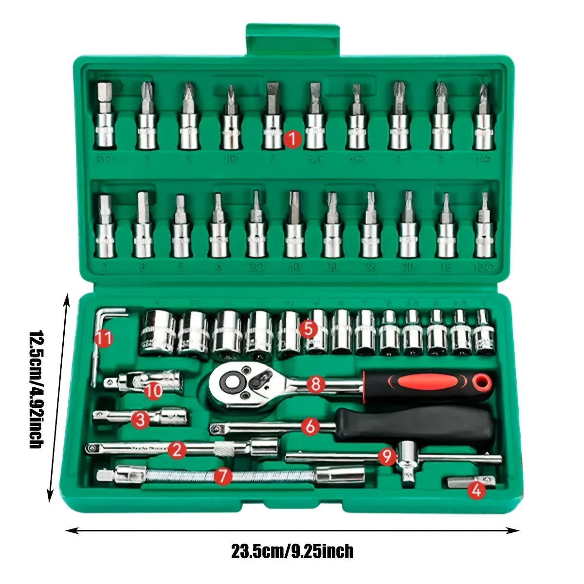 46-Piece Car Repair Tool Kit – Professional Ratchet Set in Green Toolbox