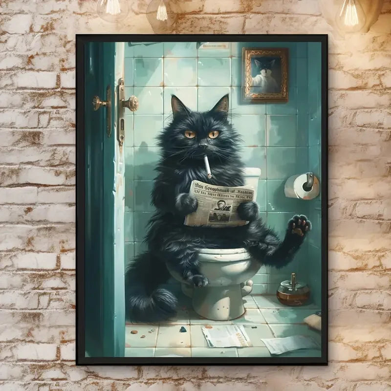 Funny Black Cat Toilet Poster – Retro Animal Canvas Wall Art