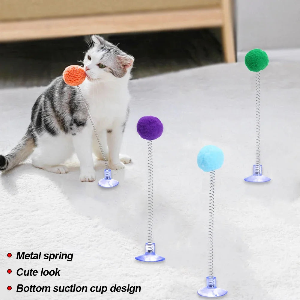 Fur Ball Spring Cat Toy with Suction Cup - Random Color