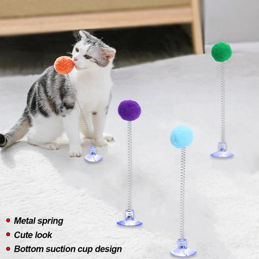 Fur Ball Spring Cat Toy with Suction Cup - Random Color