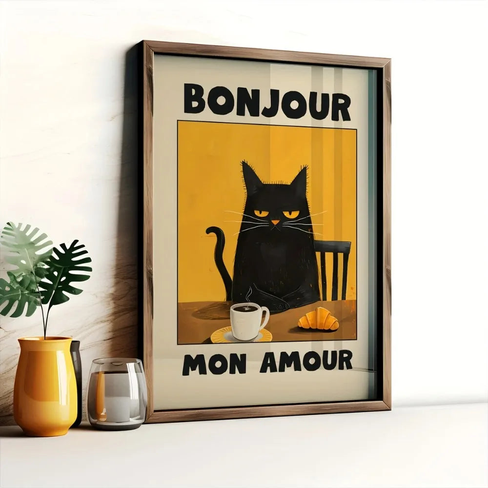 Black Cat "Bonjour" Retro Art Poster