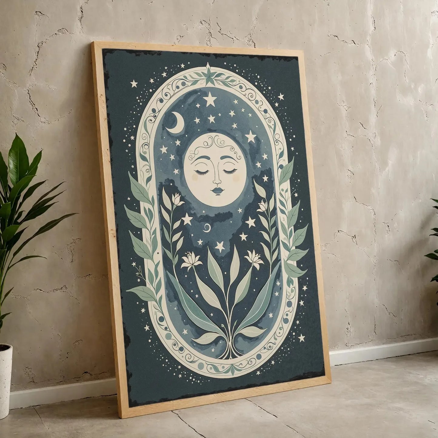 Sun, Moon & Floral Canvas Print – Bohemian Celestial Wall Art