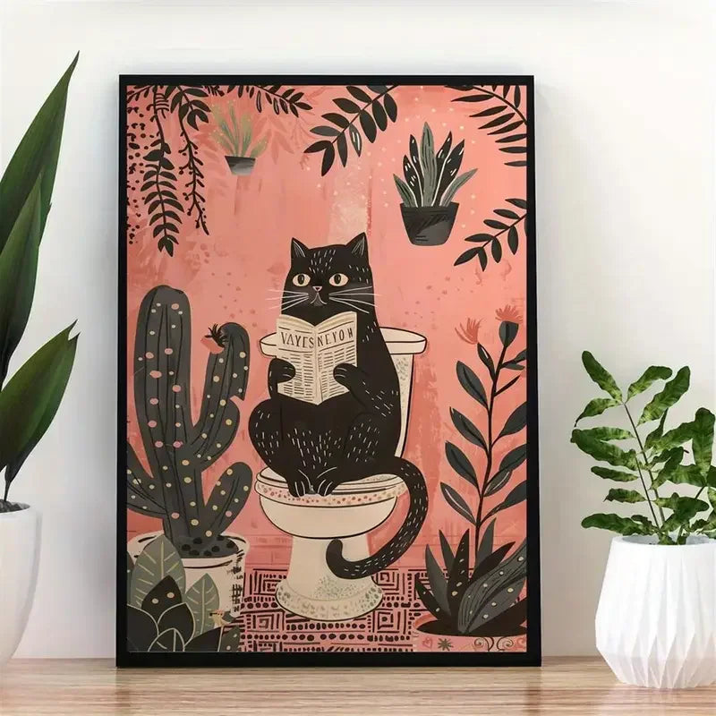 Funny Black Cat Toilet Poster – Retro Animal Canvas Wall Art