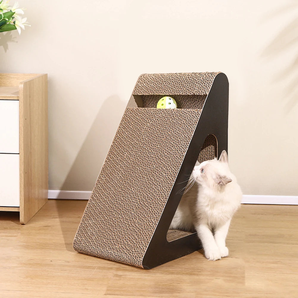 2-in-1 Triangle Cat Scratcher with Spinning Ball Toy
