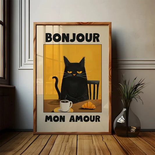 Black Cat "Bonjour" Retro Art Poster