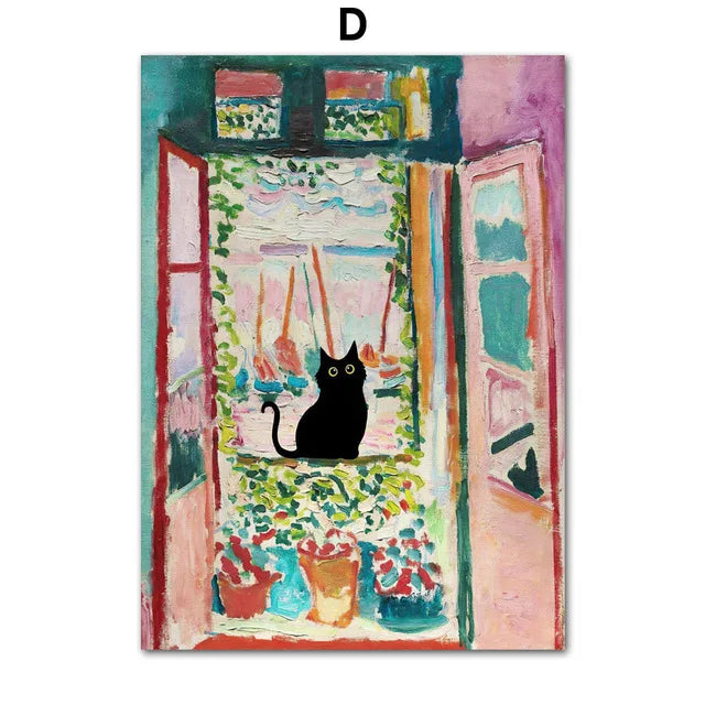 Funny Art Black Cat Canvas – Matisse, Monet, Van Gogh Parody Prints