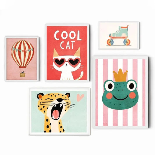 Tiger, Lion, Frog, Bear & Cat Balloon – Funny Animal Canvas Print for Kids Room