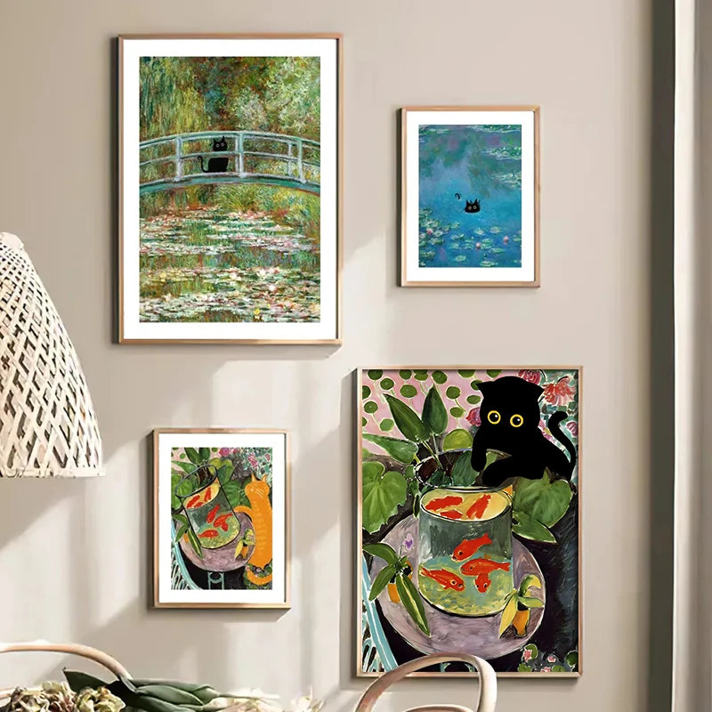 Funny Art Black Cat Canvas – Matisse, Monet, Van Gogh Parody Prints