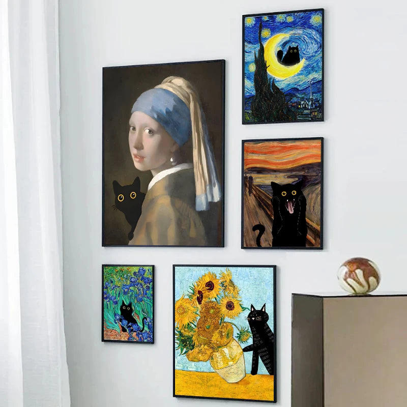 Funny Art Black Cat Canvas – Matisse, Monet, Van Gogh Parody Prints