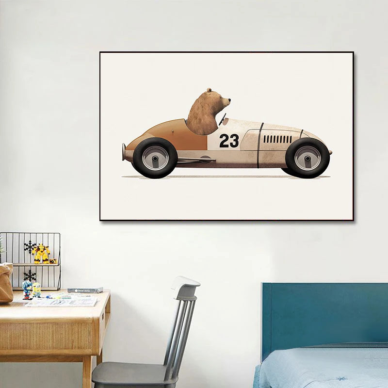 Funny Cartoon Animals Car Art Poster – Nursery Canvas Wall Print