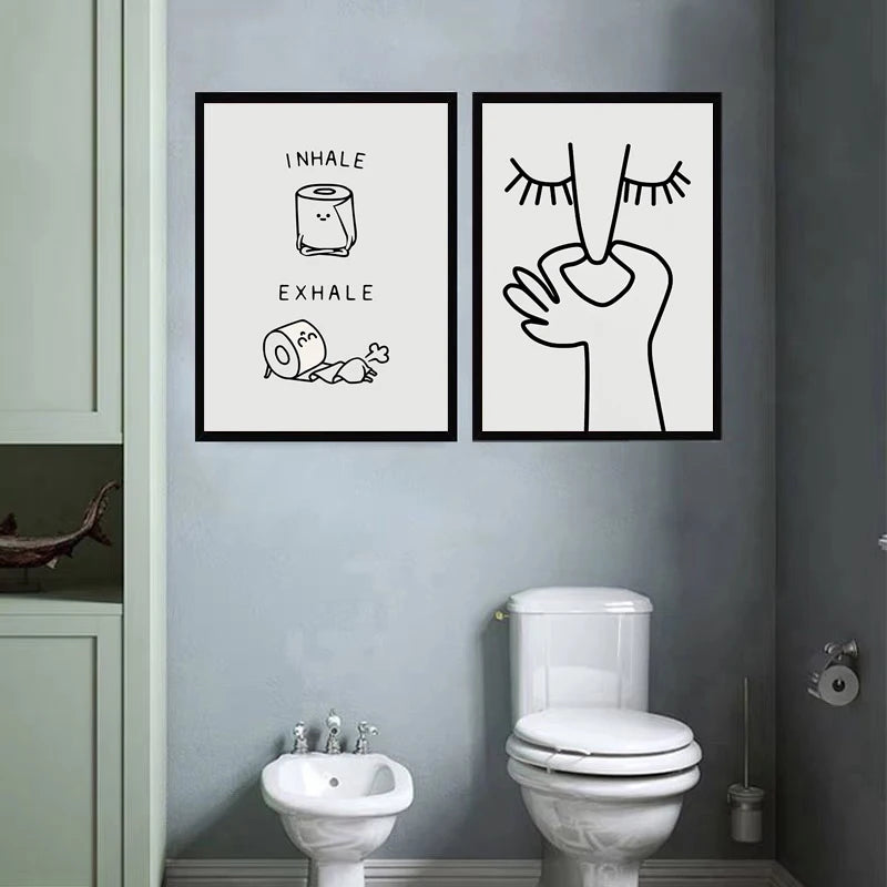 Funny Abstract Bathroom Poster – Black & White Canvas Wall Art