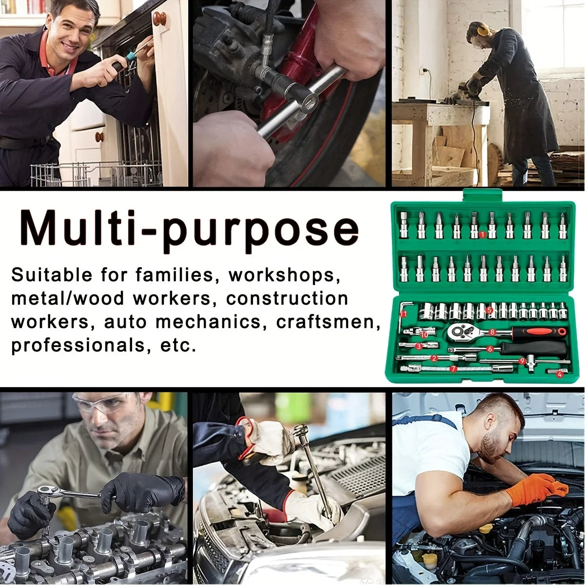 46-Piece Car Repair Tool Kit – Professional Ratchet Set in Green Toolbox