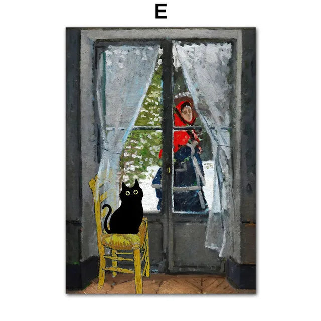 Funny Art Black Cat Canvas – Matisse, Monet, Van Gogh Parody Prints