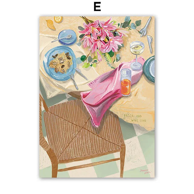 Fashion Girl Dog Vase Flower Banana Abstract Poster – Modern Canvas Wall Art